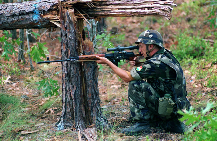 A Hungarian soldier kneeling beside a fallen tree, aiming an SVD fitted with a PSO-1 telescopic sight, during a 1996 multinational exercise